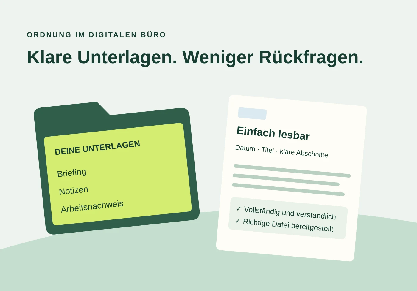 Ordner und übersichtliche Dokumente mit Datum, Titel und klaren Abschnitten