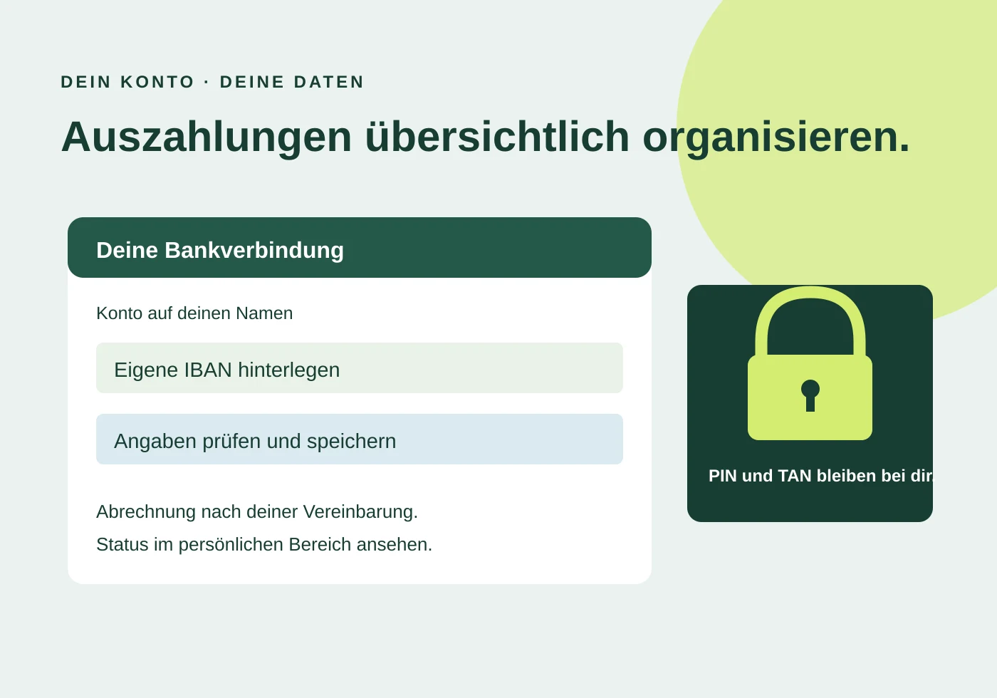 Profilkarte für die eigene Bankverbindung und Hinweis auf private Zugangsdaten
