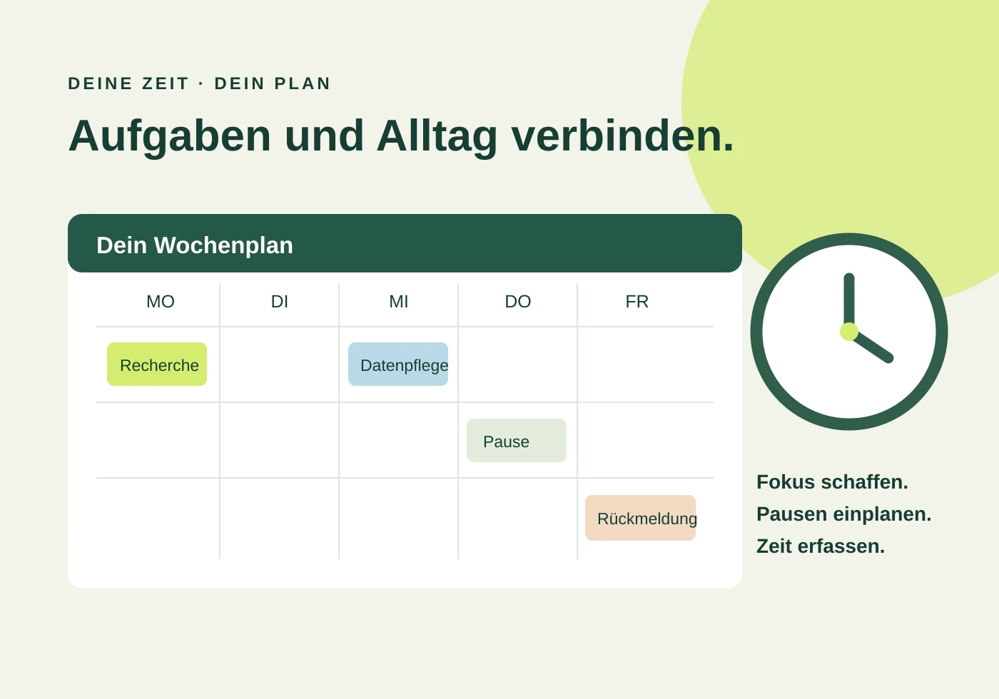 Wochenkalender mit Arbeitsblöcken, Pause und einer Uhr