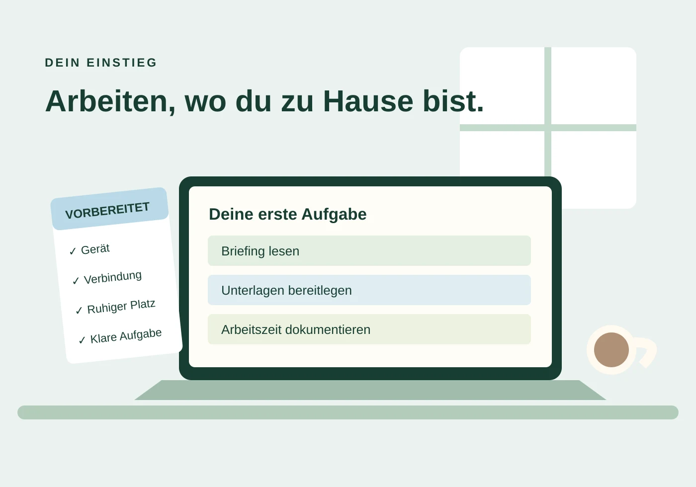 Homeoffice-Schreibtisch mit Laptop, Aufgabenbriefing und Tasse