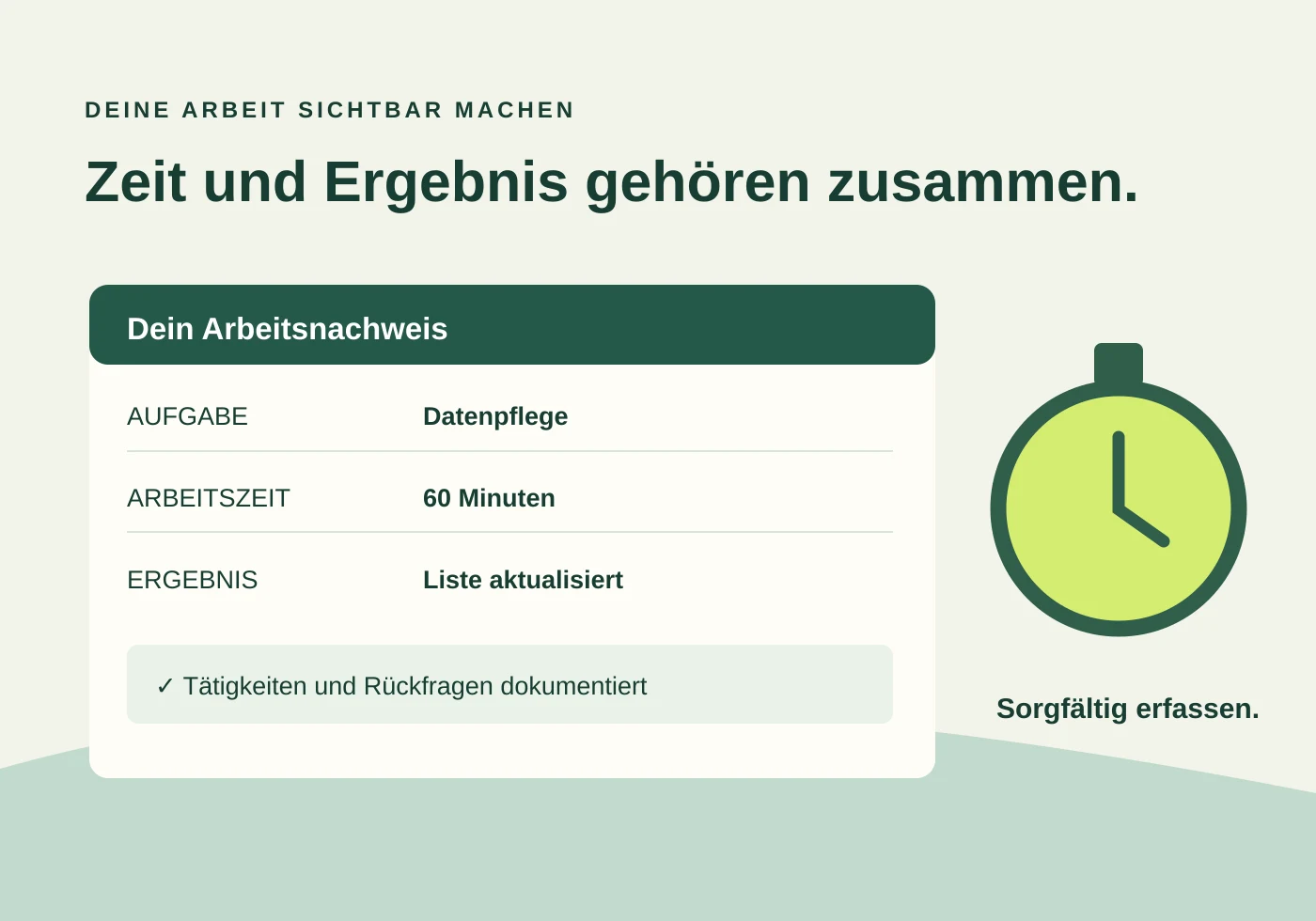 Arbeitsnachweis mit Aufgabe, Minuten und Ergebnis sowie einer Stoppuhr